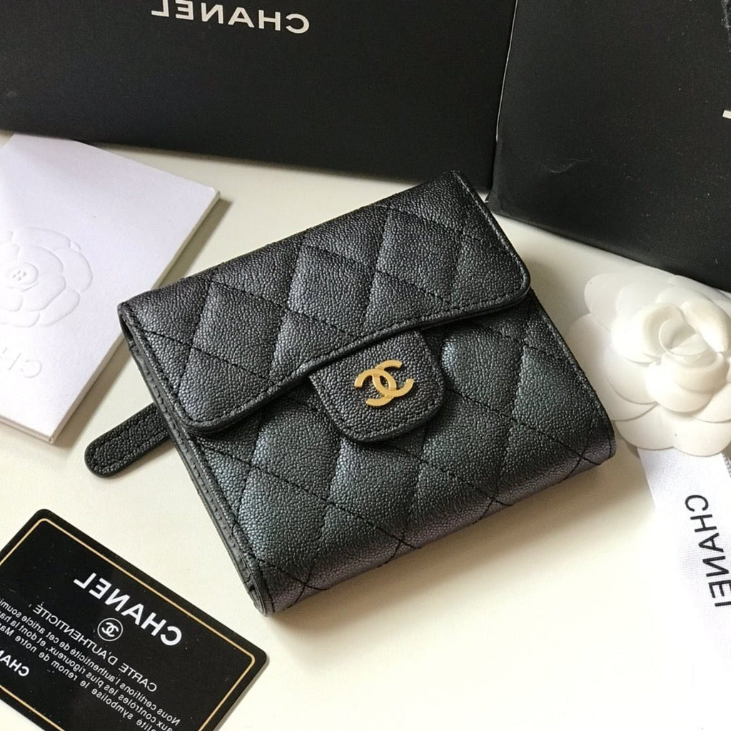 CHANEL FLAP CARD HOLDER 11.5 BLACK GRAINED CALFSKIN WITH GOLD ICON