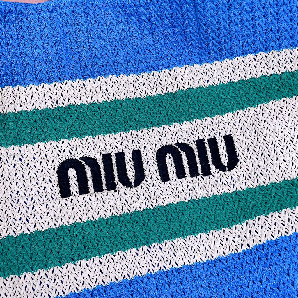 TOTE BAG 40 IN STRIPED PATTERN OF BLUE GREEN AND CREAM WHITE WOVEN RAFFIA