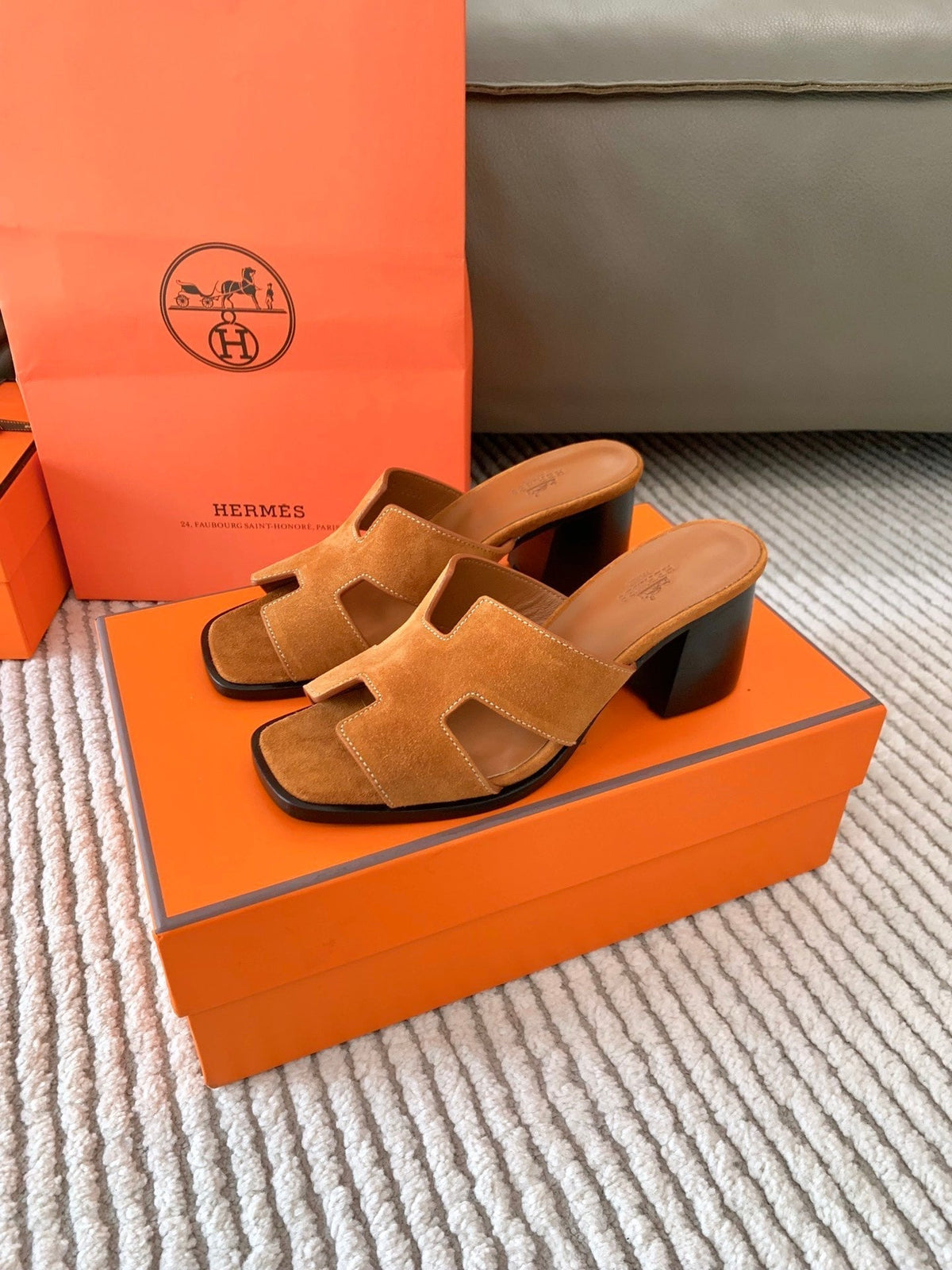 HERMES HELIA 60 SANDAL IN BRONZE BROWN SUEDE