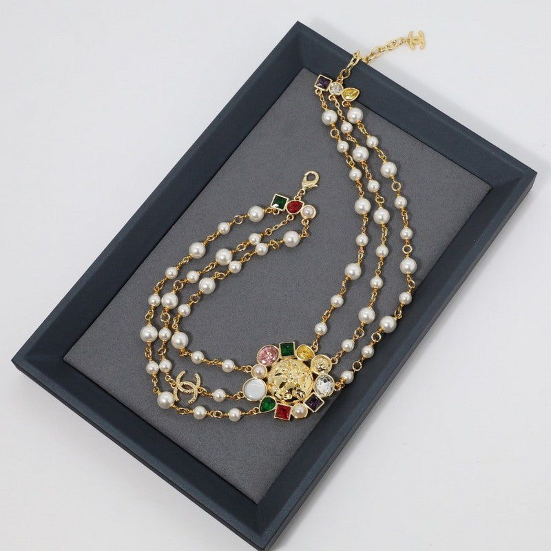 18K  Chanel Color Crystal Pearls Choker Necklace