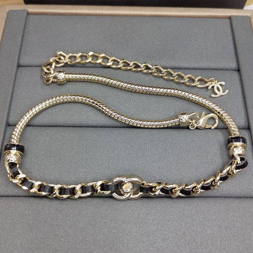 18K  Chanel Black Leather Gold Chain Necklace