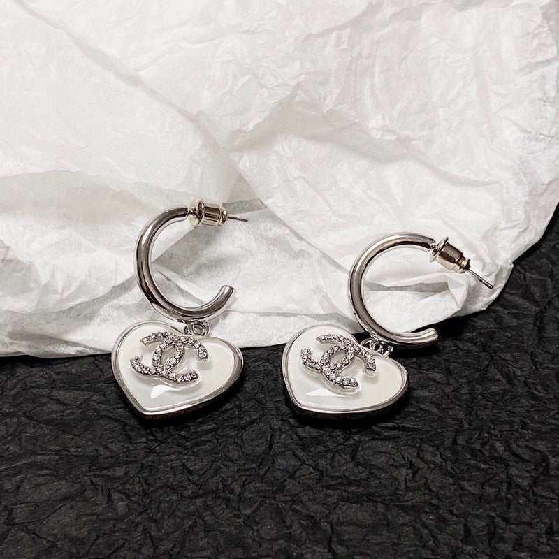 18K  Chanel White Heart Earrings