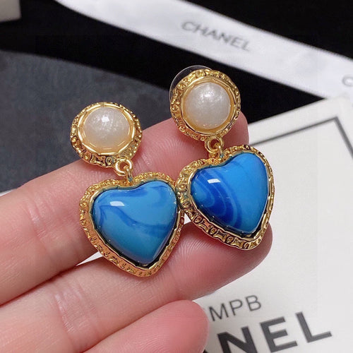18K  Chanel Blue Heart Pearl Earrings