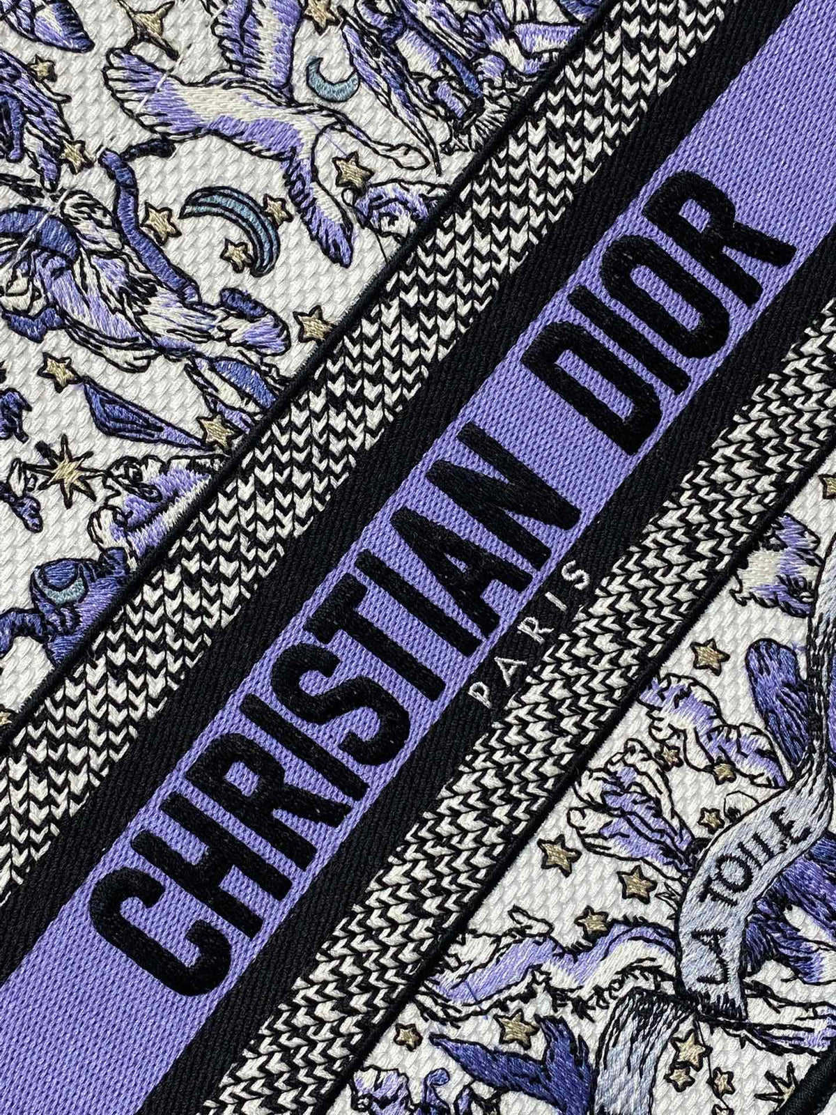 DIOR 25S SMALL BOOK TOTE 26 IN WHITE AND PURPLE DIOR NIGHT OF DREAMS EMBROIDERY