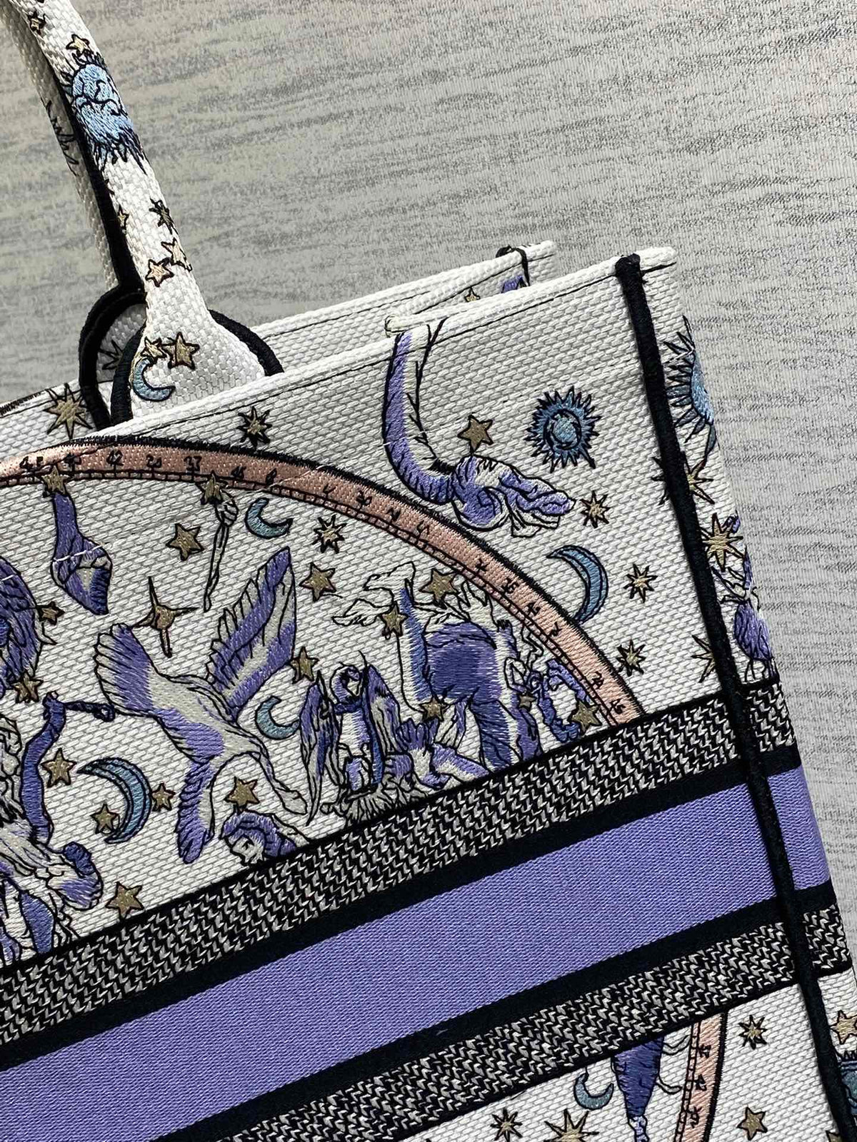 DIOR 25S LARGE BOOK TOTE 42 IN WHITE AND PURPLE DIOR NIGHT OF DREAMS EMBROIDERY
