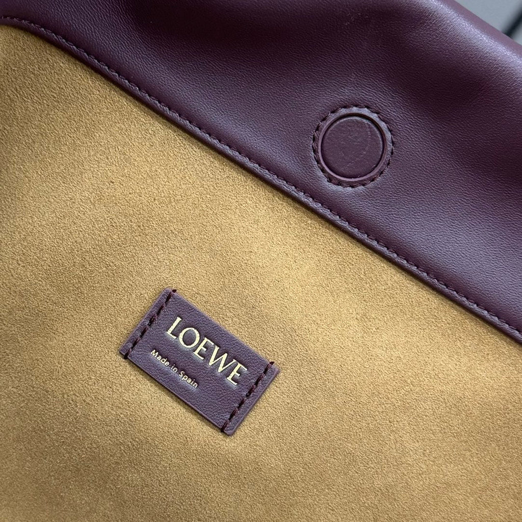 LOE LARGE 41 FLAMENCO PURSE BUCKET IN WINE PURPLE LAMBSKIN GOLD HARDWARE