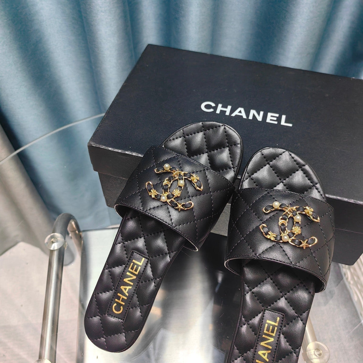 CHANEL QUILTED SLIPPERS BLACK SHEEPSKIN