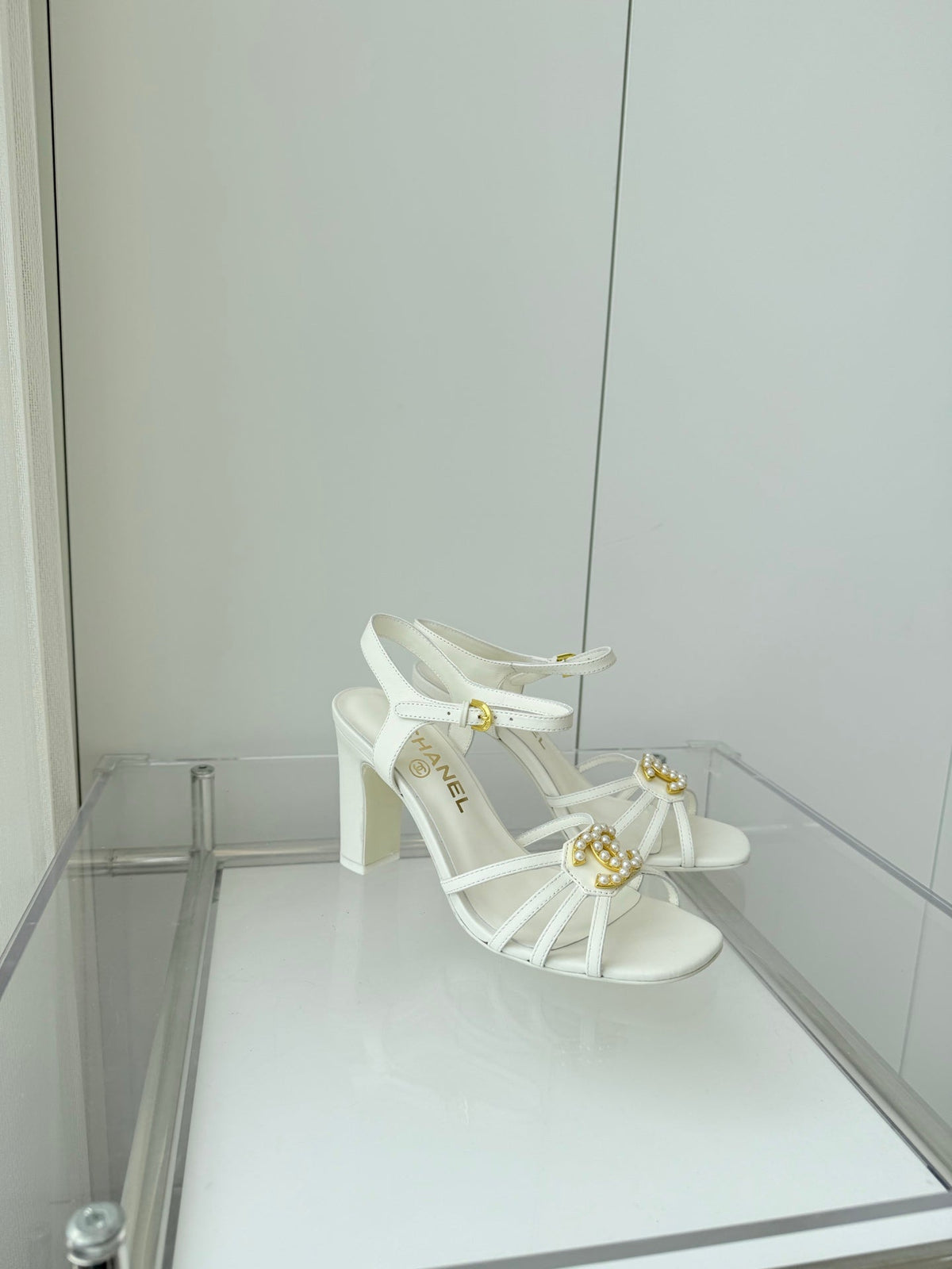 CHANEL HIGH HEEL SANDALS 85 MM IN WHITE LAMBSKIN