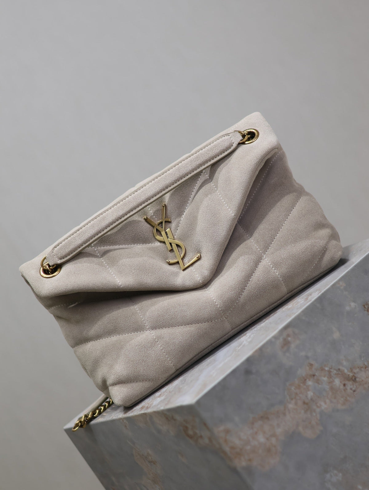 YSL 25S LOULOU PUFFER MM 29 IN SMOKEY TAUPE SUEDE GOLD HARDWARE